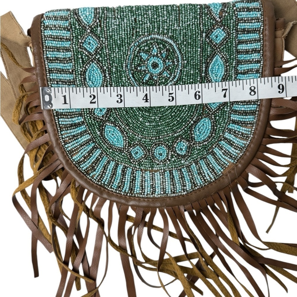Beaded Fringe Crossbody Bag - Green turquoise and Brown 46” Strap Boho Country - Picture 9 of 12